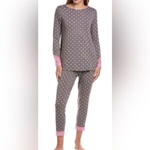 NWOT Hale Bob XL  2 Piece Pajama Set Gray With Pink Polkadots Lace Cuffs Stretch